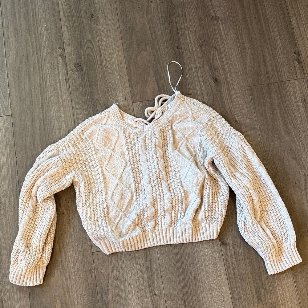 Pink Rose Cream Cable Knit Scoop Neck Sweater